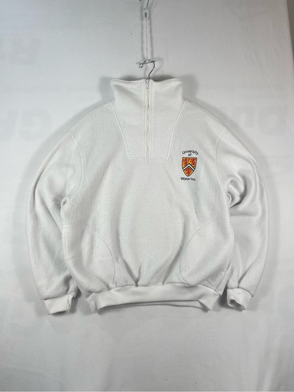 Vtg University of Waterloo Avon Sportswear 1/4 Zip White Fleece Pullover Sz L